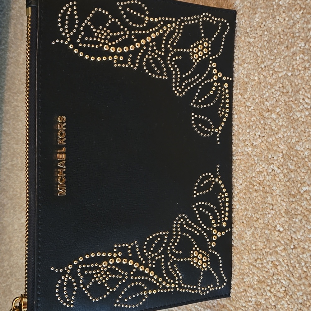 NWOT Michael Kors Black Clutch with Gold Floral Design - Picture 2 of 7